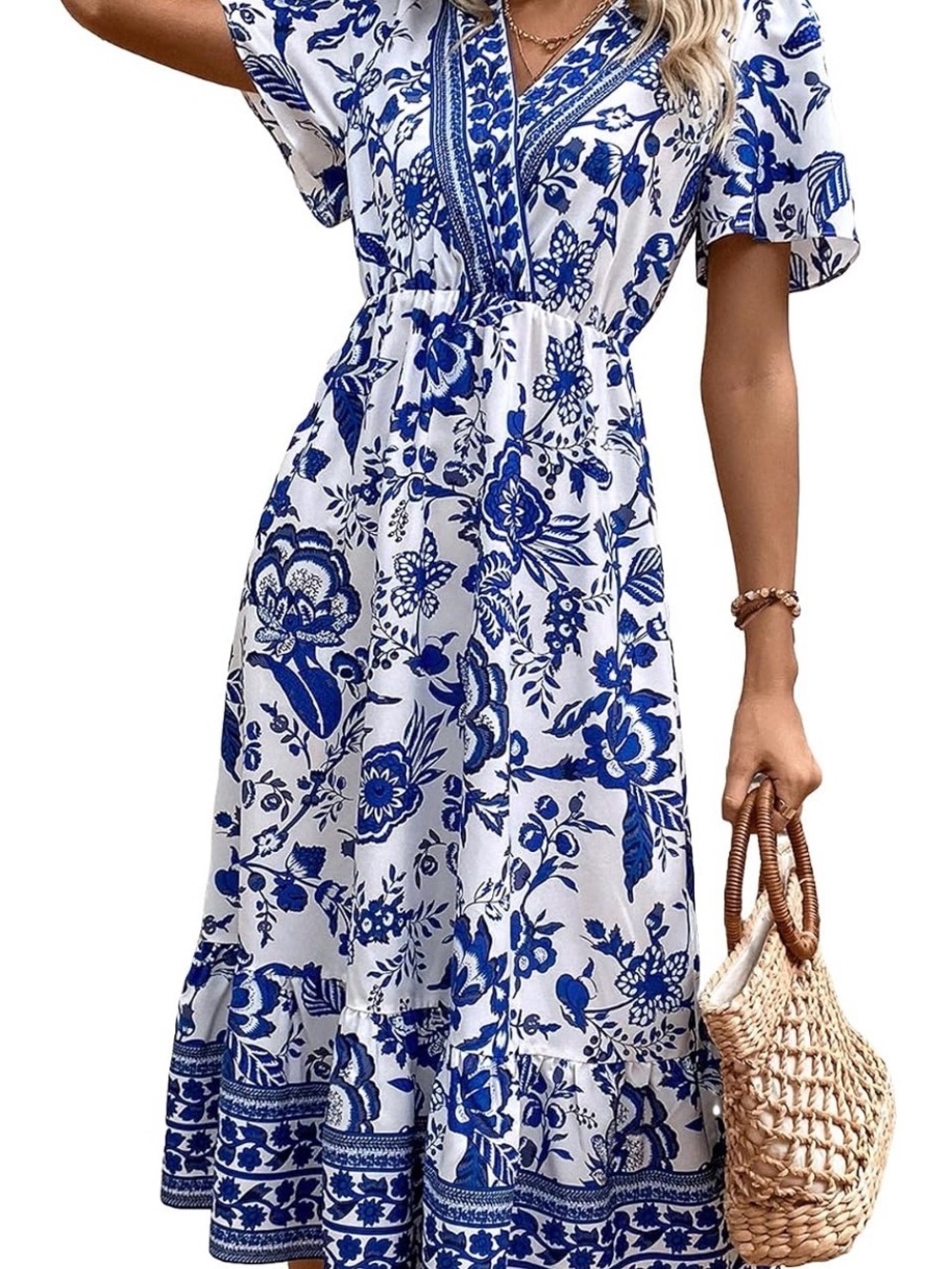 Milumia Blue & White Boho V-Neck Midi Dress Large